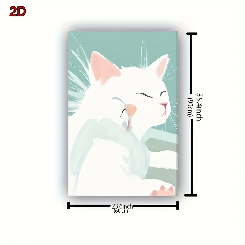 طباعة مسطحة ثنائية الأبعاد، طباعة فنية عتيقة بدون إطار من قطة كسولة - قطة بيضاء مريحة مع آذان وأنف وردية، تعبير مريح، مثالي للسرير #6