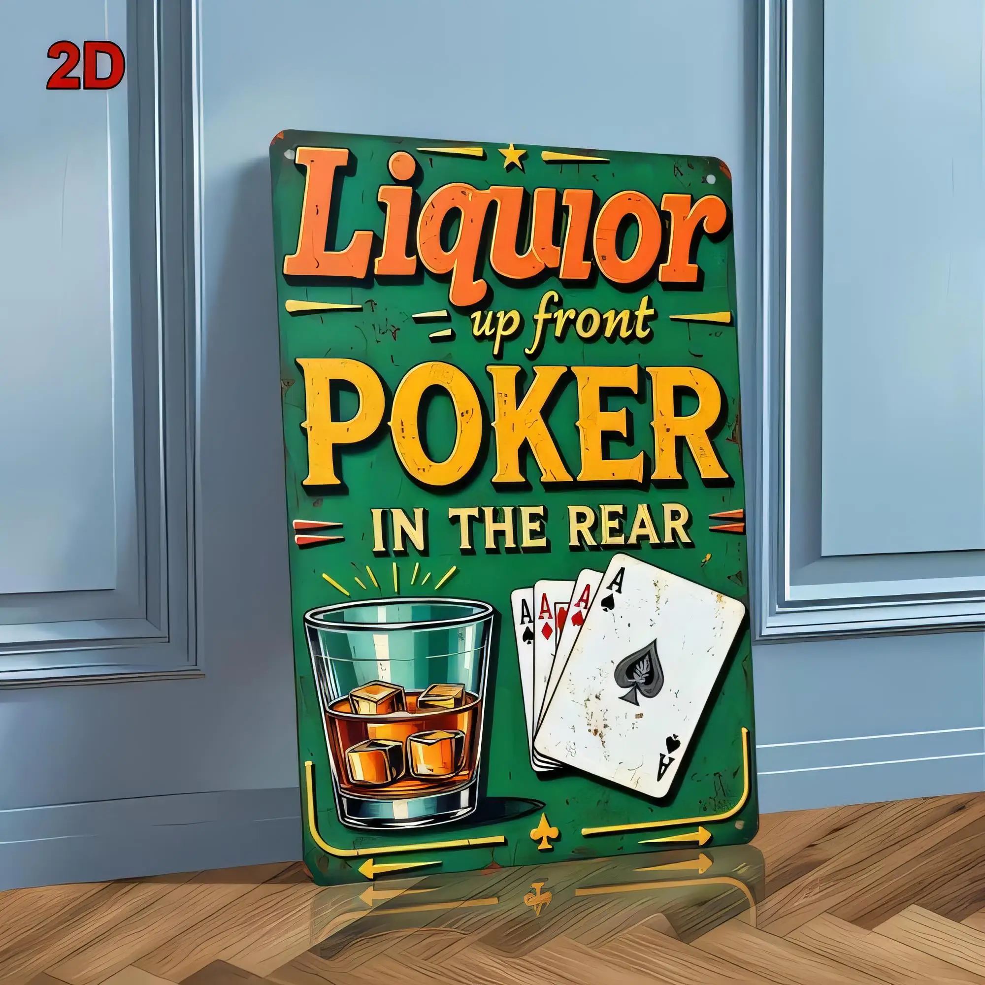 Tin Sign “Liquor Poker In The Rear” Funny Casino Bar Wall Decor Metal Plaque, 2D Retro Style Alcohol Gambling Poster, Vintage Ti