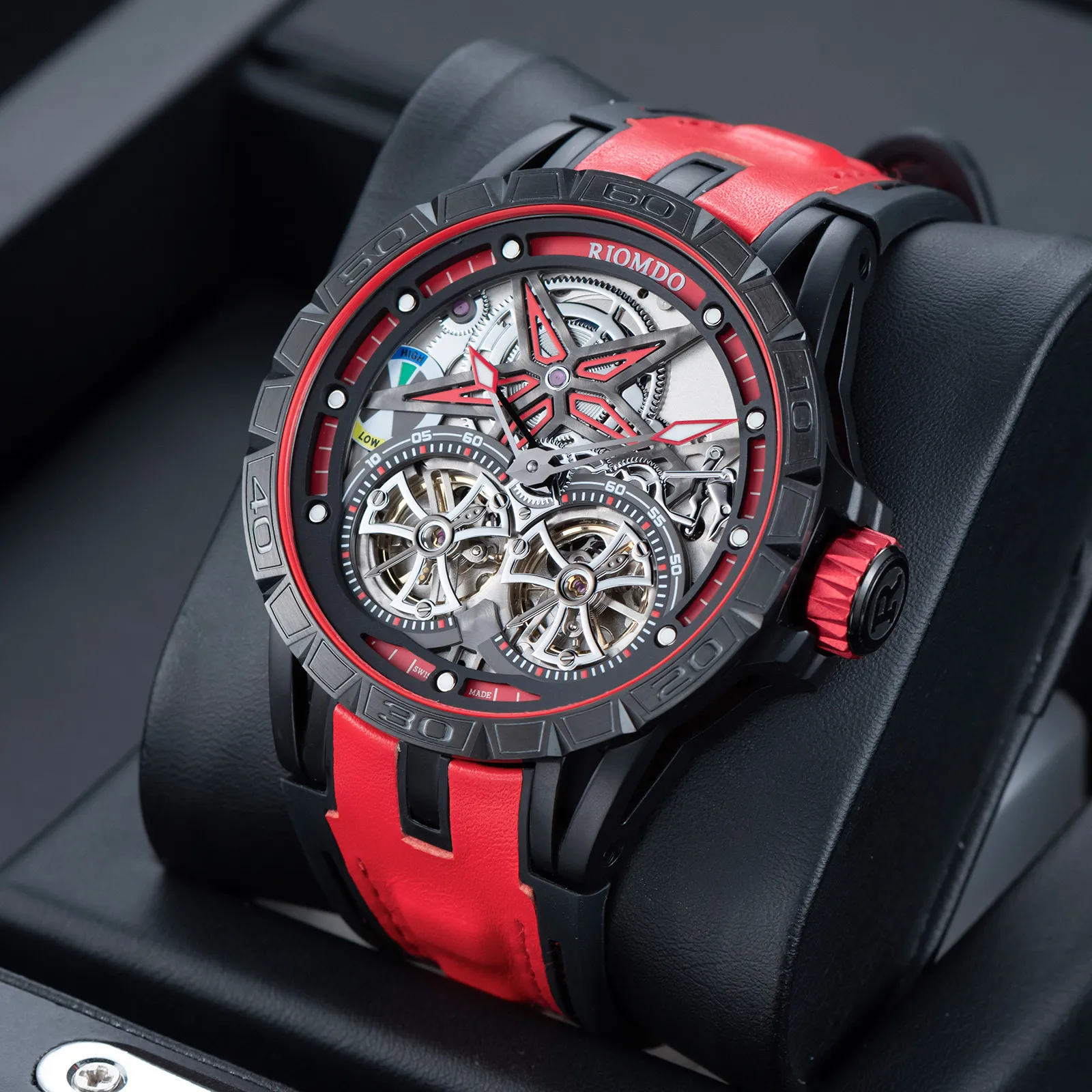 OBLVLO Men Automatic Watch 46MM Mechanical Wristwatch Skeleton Dual Flywheel Dial Luminous 50m Waterproof Mineral Mirror
