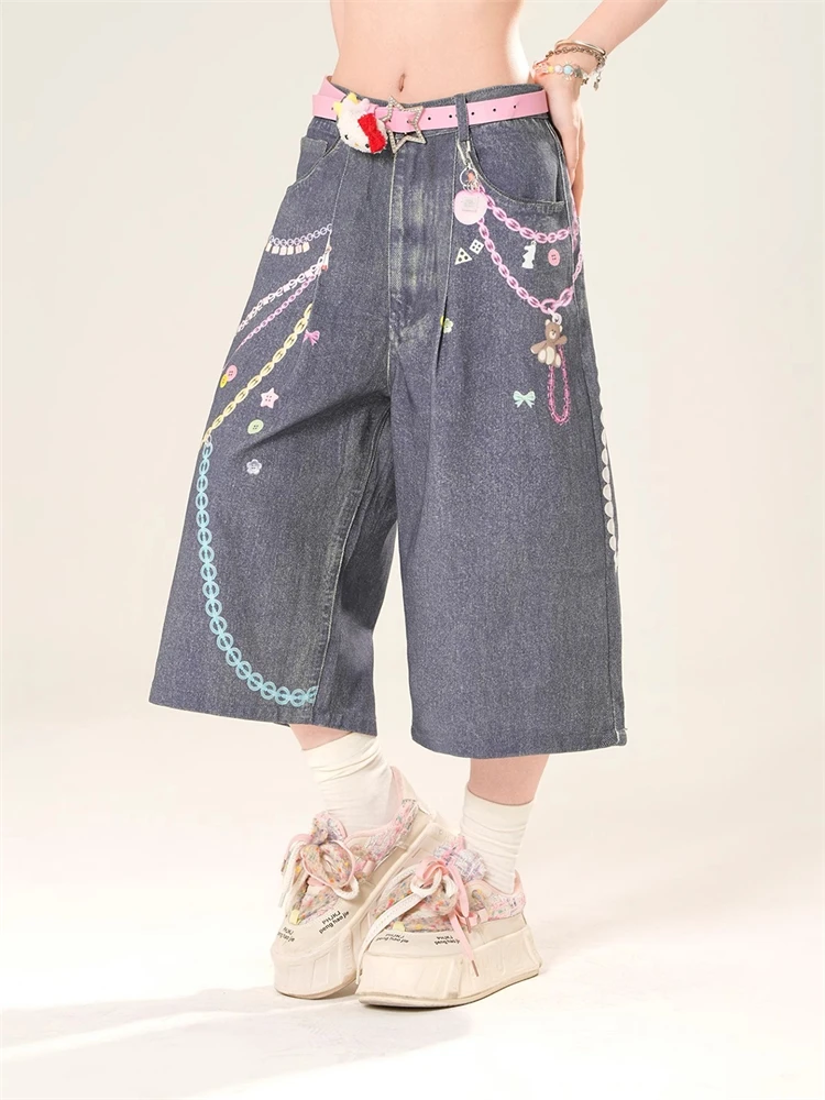 

Summer Women's Chain Colored Printed Pattern Capris Pants Young Girl Wide Leg Cropped Female Calf-length Unisex Trousers