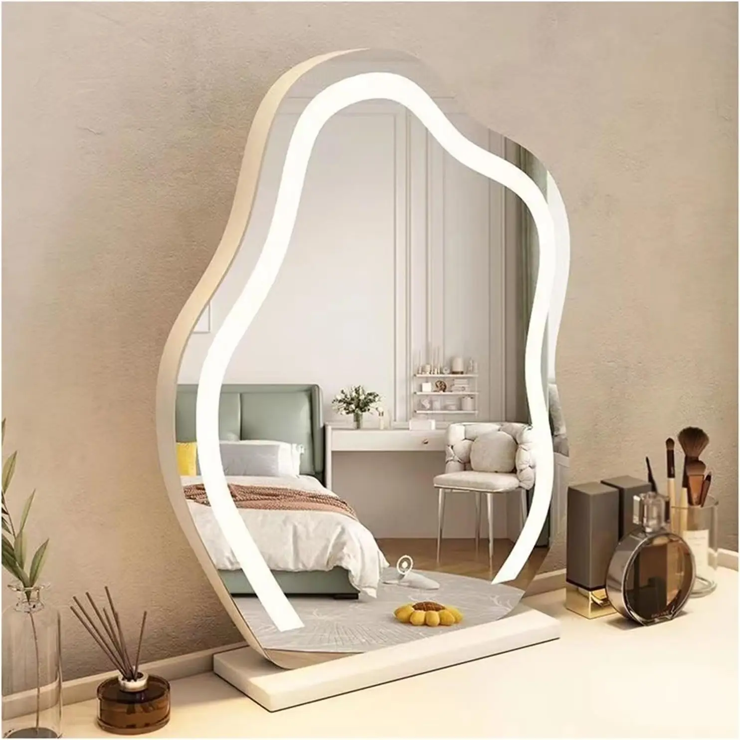 Tabletop Cosmetic Makeup Mirror with Led Lights Lighted Vanity Touchable Dimmable Multi-color Cloud Mirrors With stand