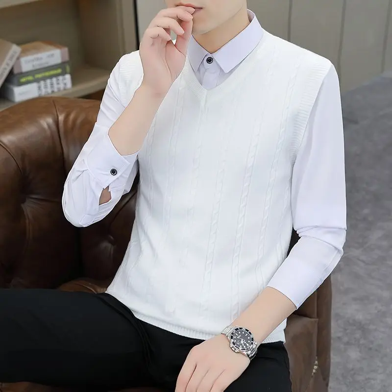 

Men's V Neck Knit Sweater Vest Solid Color Slim Fit Autumn Spring Casual Layering Cardigan for Students Youth