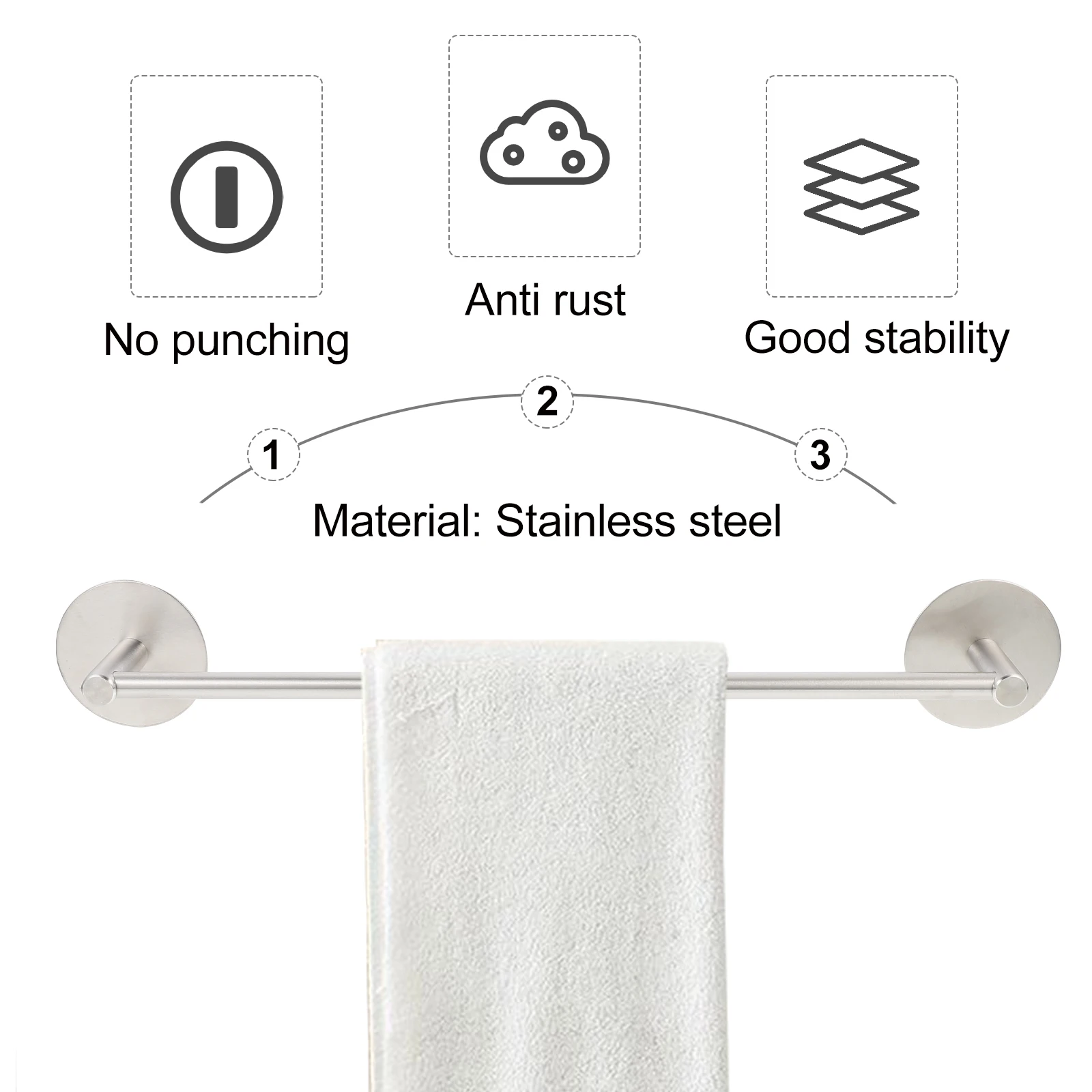 

1Pcs Stainless Steel Towel Rack Punch-Free Bathroom Towel Holder Single Pole Organizer Wall-Mounted Bathroom Shelf