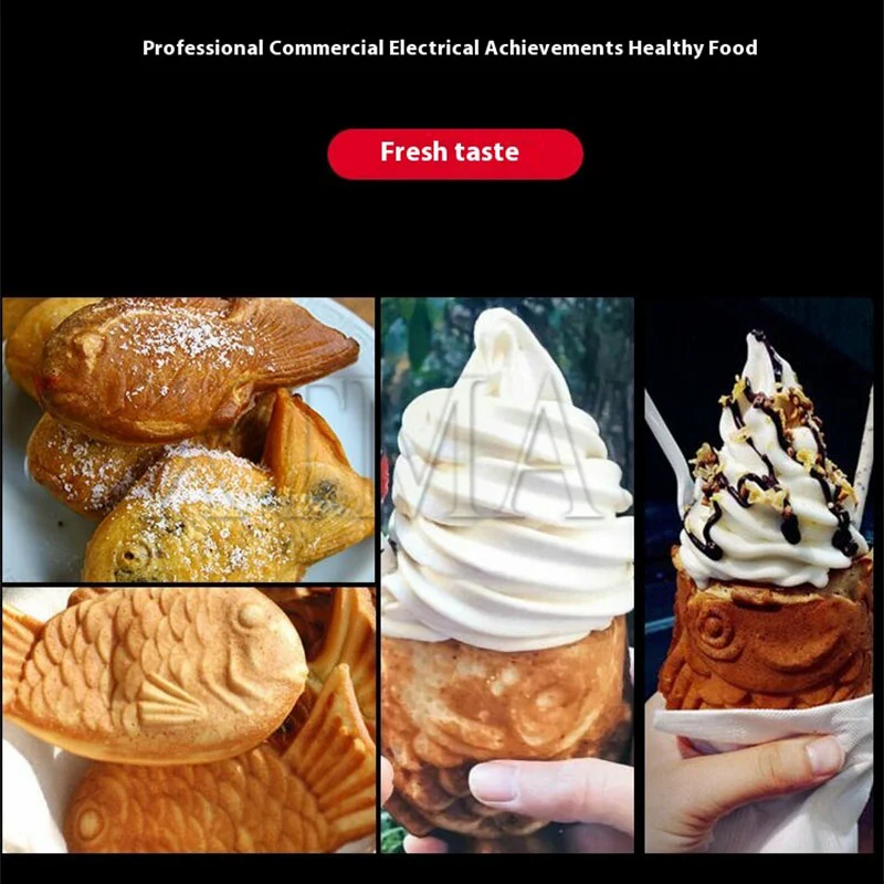 Máquina comercial de gofres de pescado de boca abierta, gofrera Taiyaki en forma de pez, revestimiento antiadherente, plancha para muffins de aperitivos de acero inoxidable