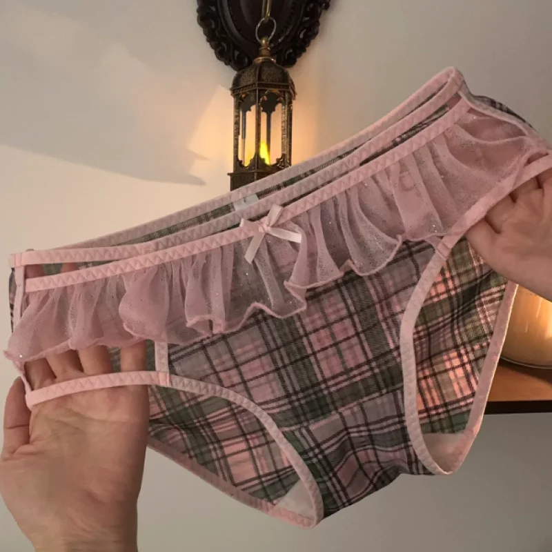 Women Sexy Plaid Lace Briefs Low Waist Mesh Hollow Ruffled Edge Bow Cross-dressing Sissy Panties Elastic Soft Plus Size Lingerie