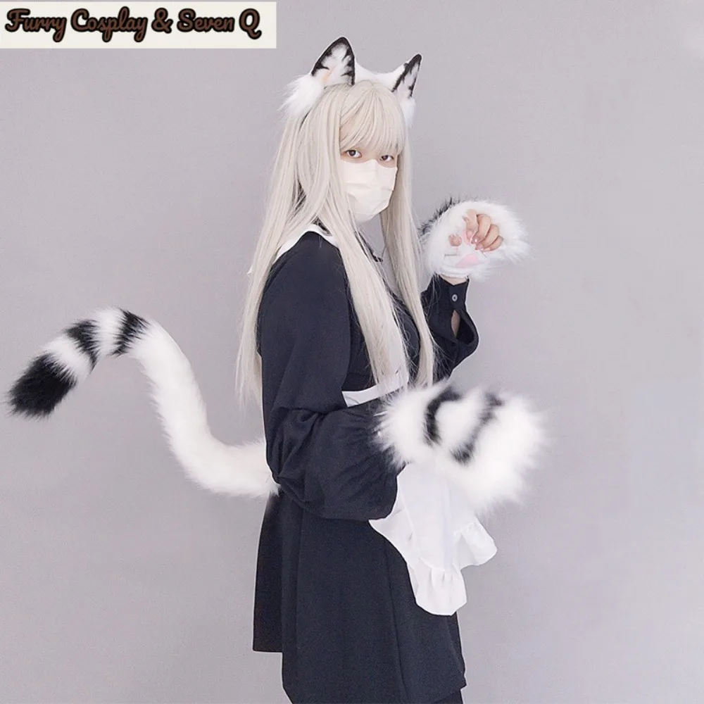 Simulated Tabby Cat Tail Ear Claw Animal Furry Prop Lolita Headband Cosplay Accessories Girl's Club Pub Costumes
