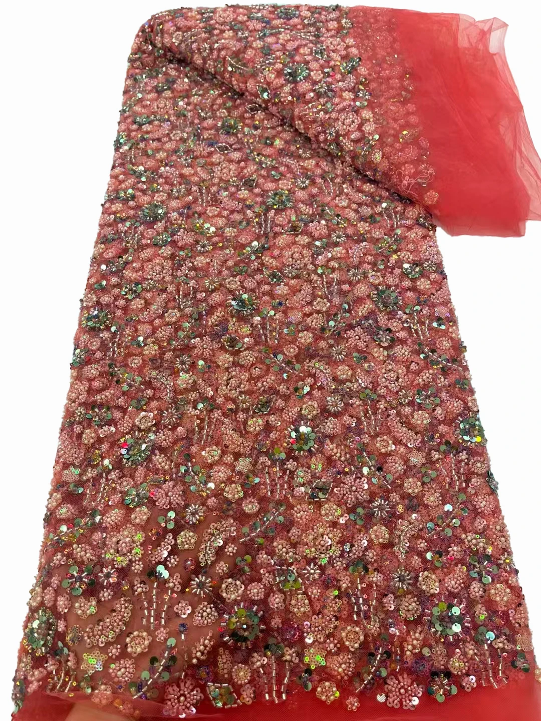 

Hot models heavy bead tube sequin lace fabric, high-end fashion European and American wedding dress fabrics