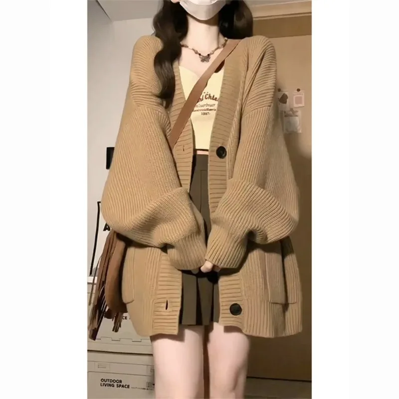 Women\'s Autumn Winter Chic Green Sweater Cardigan Mini Pleated Skirts Two Piece Set New Lady Loose Knit Jackets Skirt Outfits