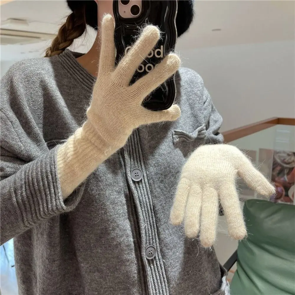 Striped Thermal Knitted Gloves Rabbit Fur Thickened Autumn Winter Warm Gloves Cold Resistant Windproof Split Finger Long Gloves