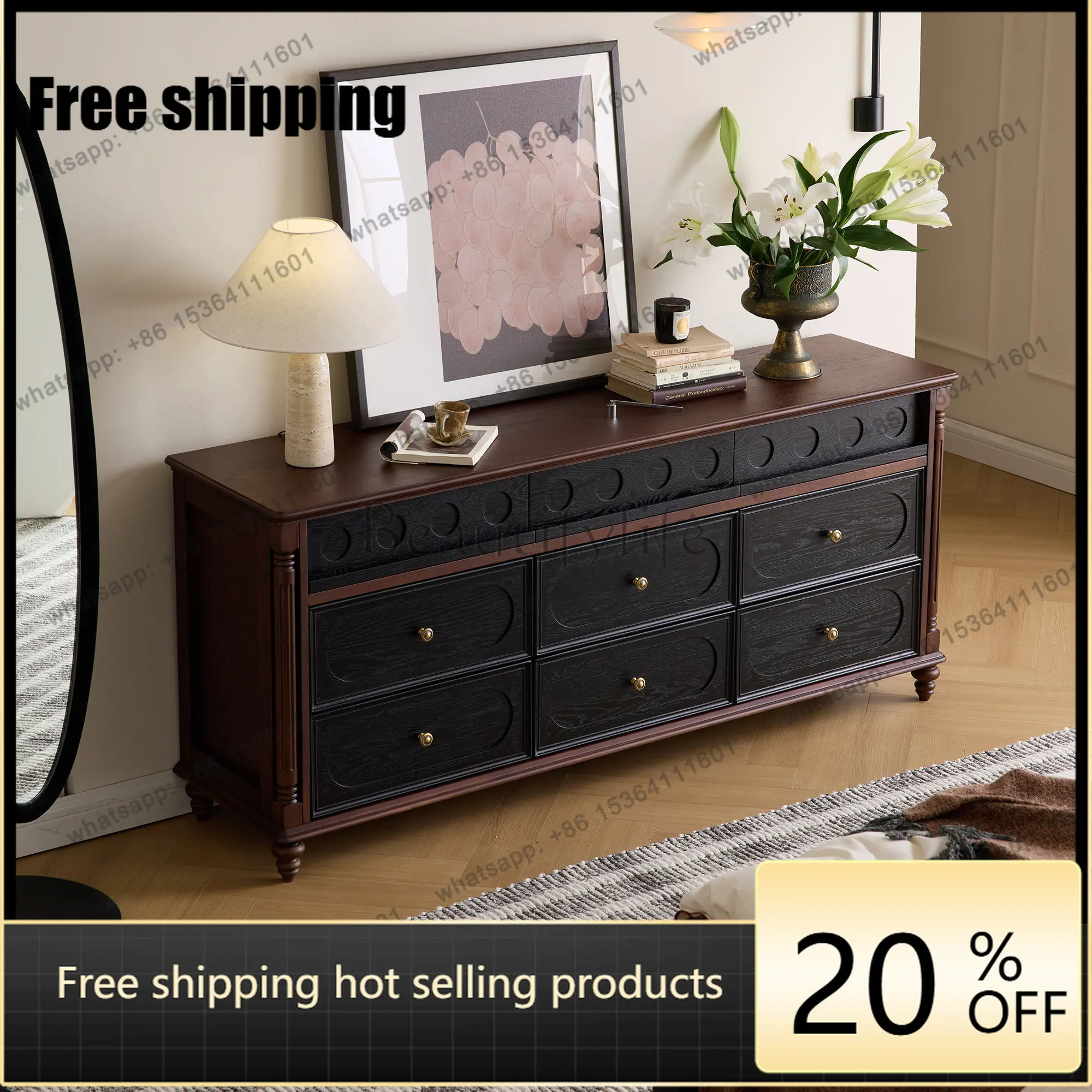LD French medieval solid wood nine-chest cabinet bedroom bed end retro living room entrance cabinet