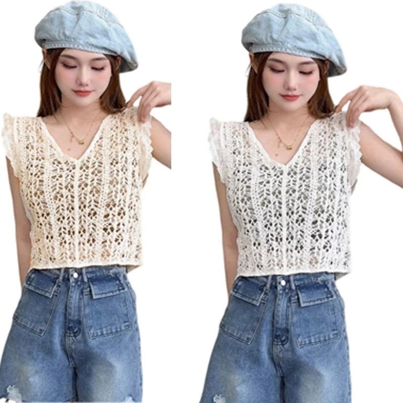 Women Hollowed Crochet Flower Sweater Vests Summer Ruffle Sleeve Loose Crop Top