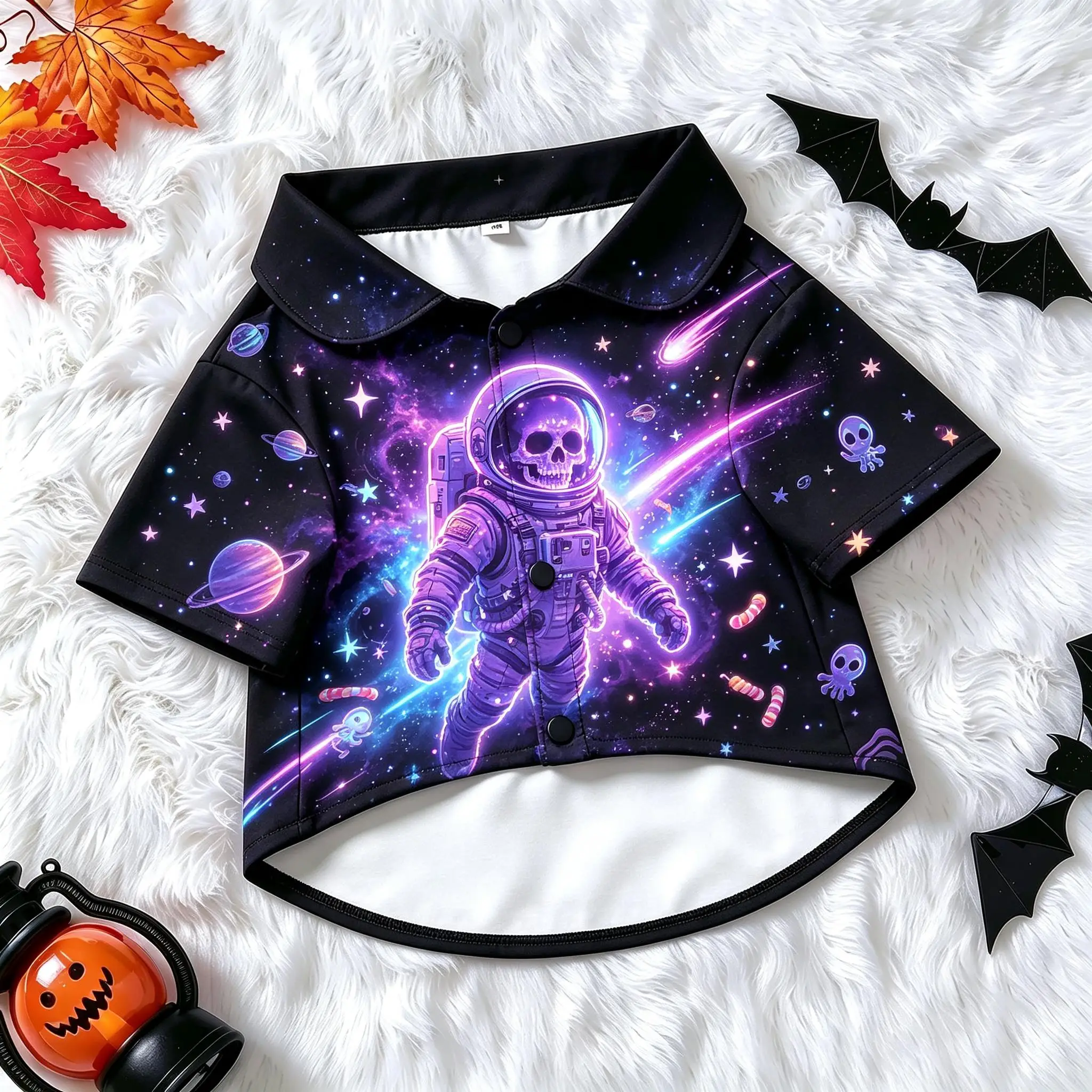 Pet Dog Shirt Purple Glowing Cat Skeleton Bones Print Lightweight Button Up for Small Medium Dogs Spooky Magic Theme Party Wear