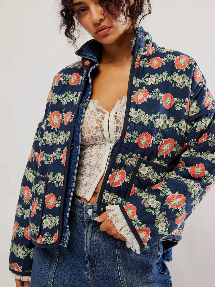 Autumn Winter Women\'s Cropped Puffer Jacket Trend Lightweight Floral Print Long Sleeve Padded Quilted Puffy Cardigan Coat