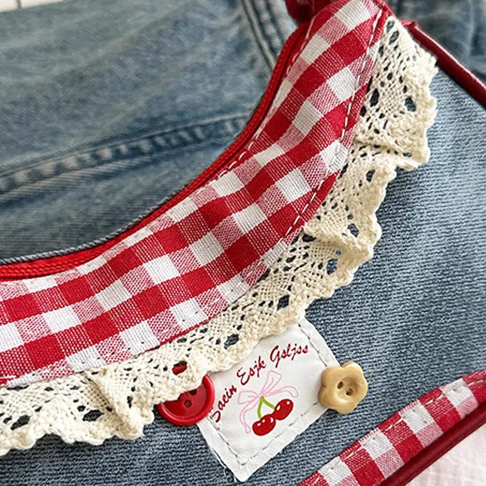 All-match Sweet French Stick Handbag Denim Blue Bow Plaid Shoulder Bag Large Capacity Lace Ribbon Cloth Underarm Bags Daily