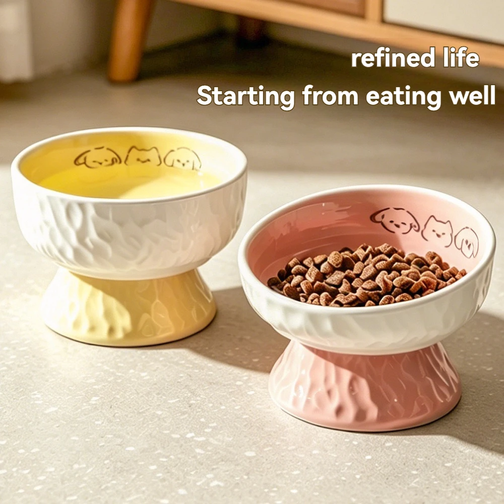 Cute Faces Elevated Cat Bowl, Neck Care Pet Feeding Bowl