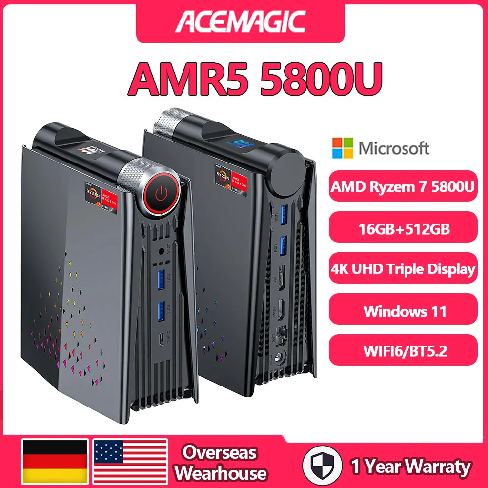 ACEMAGICIAN [PC bermain game] Ryzen PC Mini AMD Ryzen 7 5800U (hingga 4.3Ghz) 16GB DDR4 512GB NVME SSD Mini komputer Desktop lampu RGB