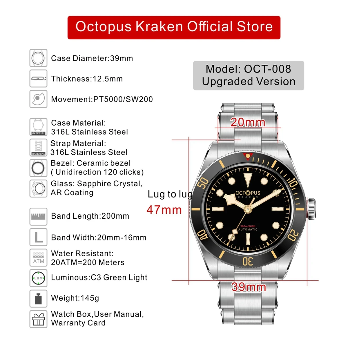 Octopus Kraken BB58 39mm Men\'s Automatic Mechanical Watch Luxury Sapphire Stainless Steel Waterproof Diving 20Bar Luminous Watch