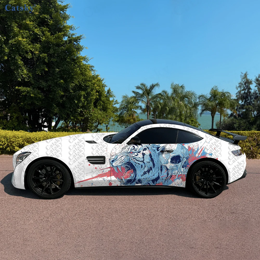 2pcs Lightning Cool Tiger Skull Decals, Durable, Fade-resistant, Enhance The Beauty of Your with Bold Art Design Car Vinyl Wrap
