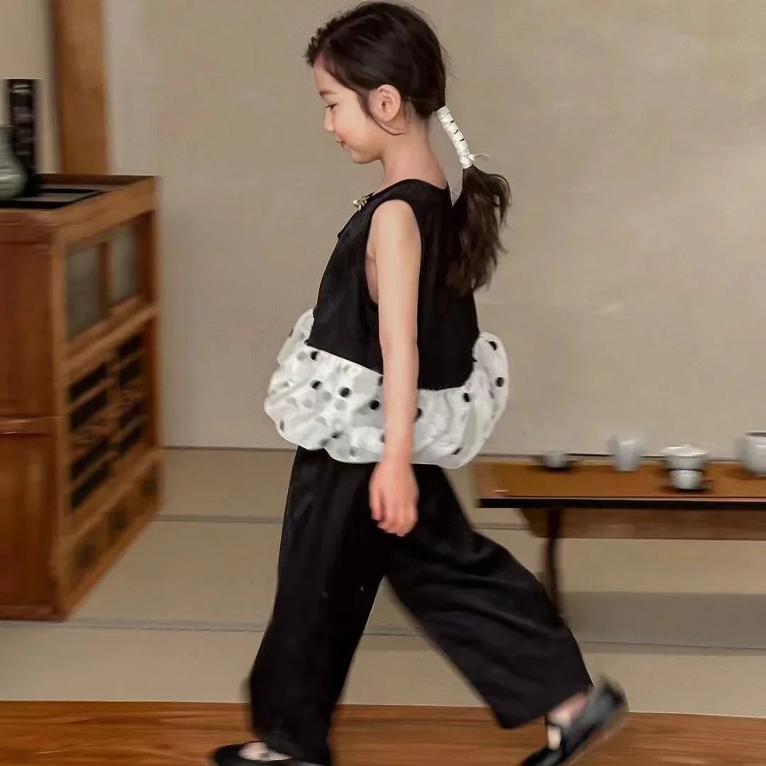 2025 Summer New Chinese Style Girl Suit Fashion Pants Two-piece Set Black Antique Polka Dot Retro Two-piece Set