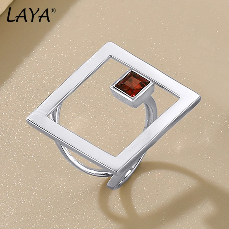 LAYA 925 Sterling Silver Natural Sky Blue Topaz Minimalist Square Hollow Geometric Design Ring For Women Original Fine Jewelry