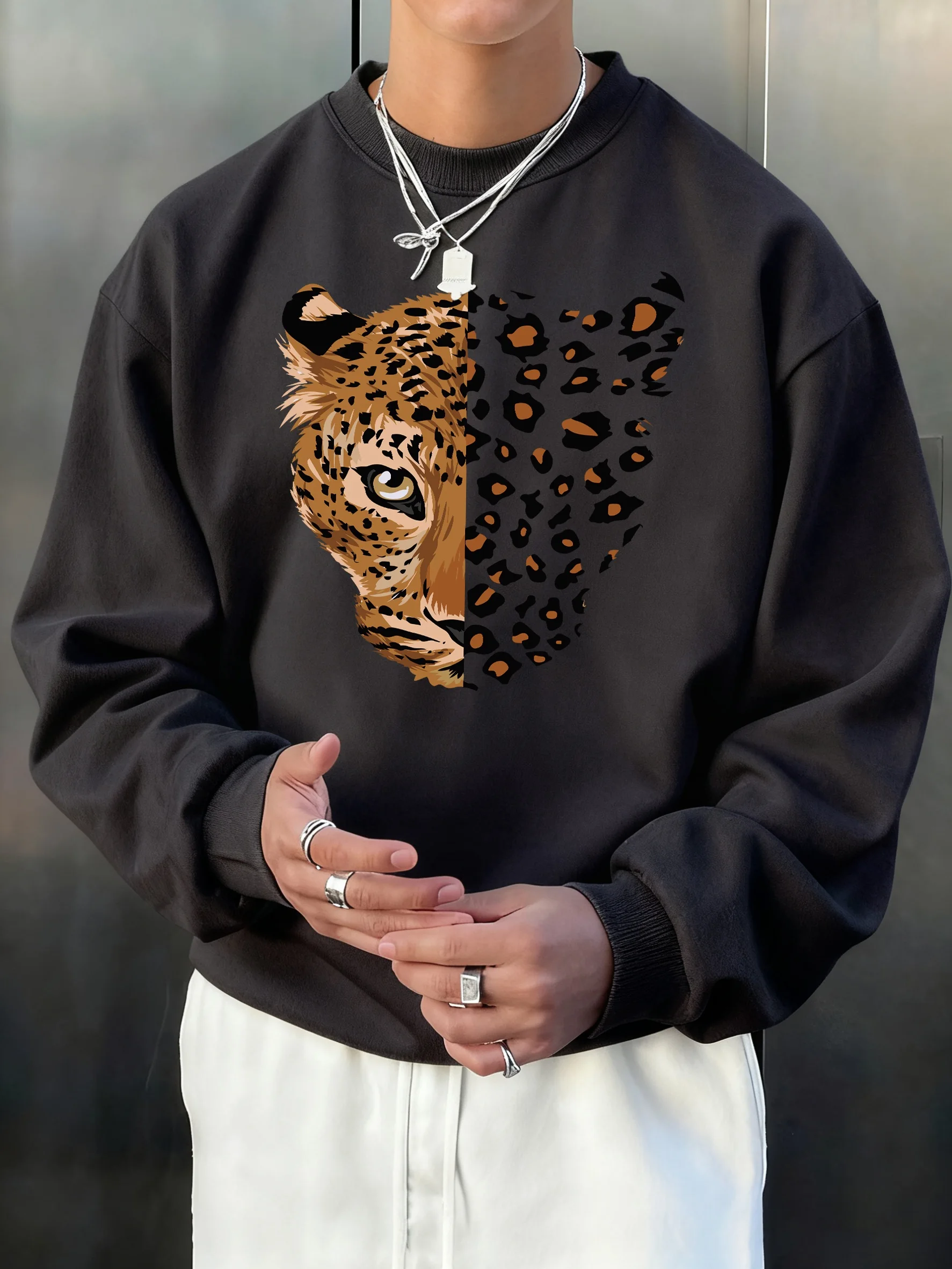 Cartoon Leopard Illustration Muster Männer Sweatshirt Casual Weiche Kleidung Lose Retro Langarm Unisex Herbst Fleece Basic Tees