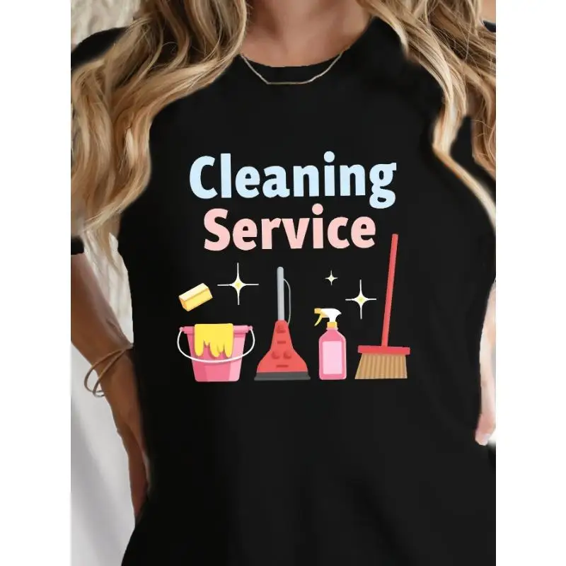 

Women Cleaning Service T-Shirt Professional Cleaner Graphic Tee Job Pride Cleaning Tools Print Housekeeping Worker Gift Top