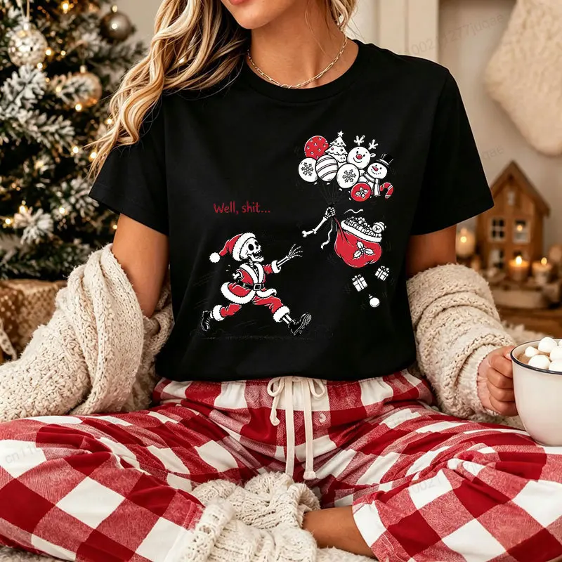 Ho Ho Ho Christmas Graphic T-shirt Funny Skeleton Santa Print Kids Xmas Short Sleeve Tee Shirts Christmas Party Outfit Gifts