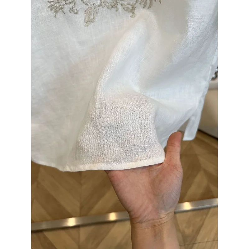 2025 New High-end Fashion Heavy Industry National Style Embroidered Cotton Linen Round Neck Short-sleeved Shirt Top
