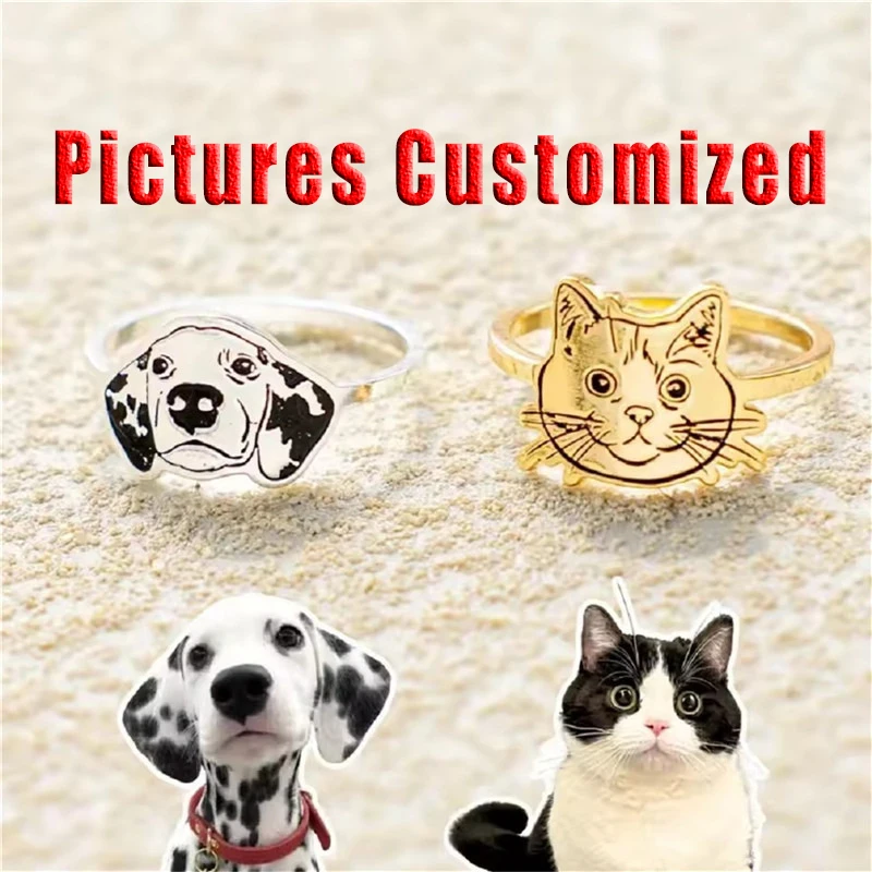 Customized Pet Dog Cat Photo Picture Rings Personalized Design Laser Engraving Text DIY Stainless Steel Open Rings Jewelry Gift