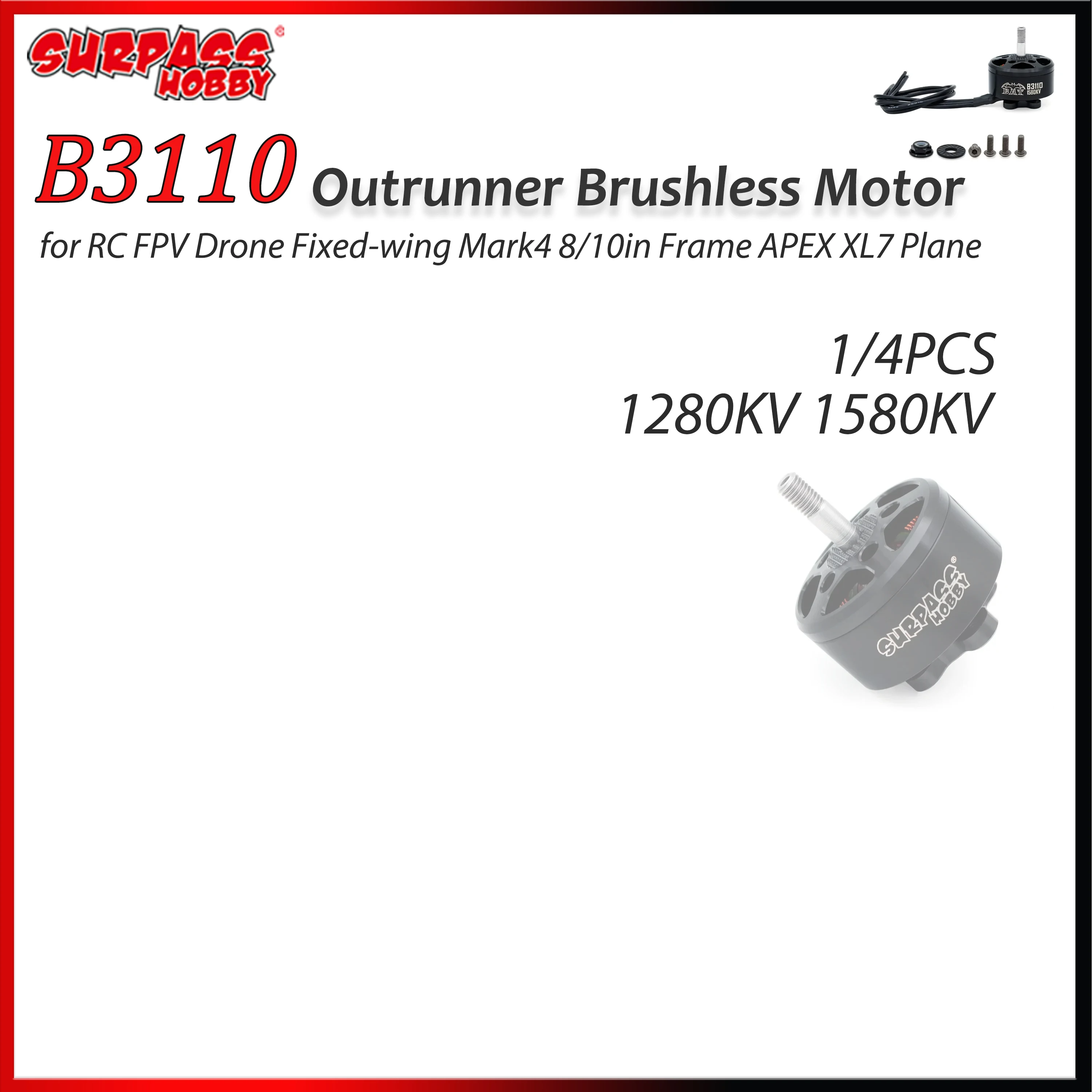 

SURPASS HOBBY B3110 3110 Outrunner Brushless Motor 1280KV 1580KV for RC FPV Drone Fixed-wing Mark4 8/10in Frame APEX XL7 Plane