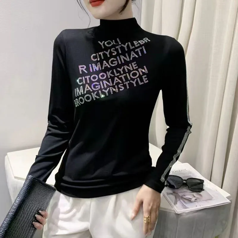 

Fashion Turtleneck All-match Diamonds Letter T-Shirt Female Clothing 2023 Autumn Winter New Casual Pullovers Commuter Tee Shirt