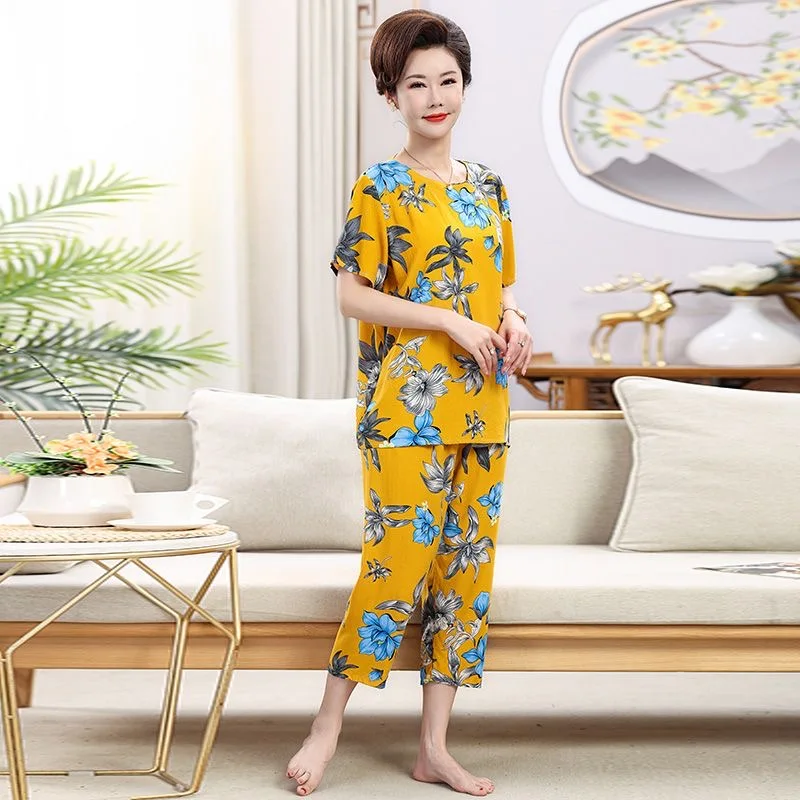 

Middle Aged Mother Pijama Feminino Plus Size Homewear Women 2 Piece Set Outfit Short Sleeve Sleepwear Floral Pajama Sets L-3XL