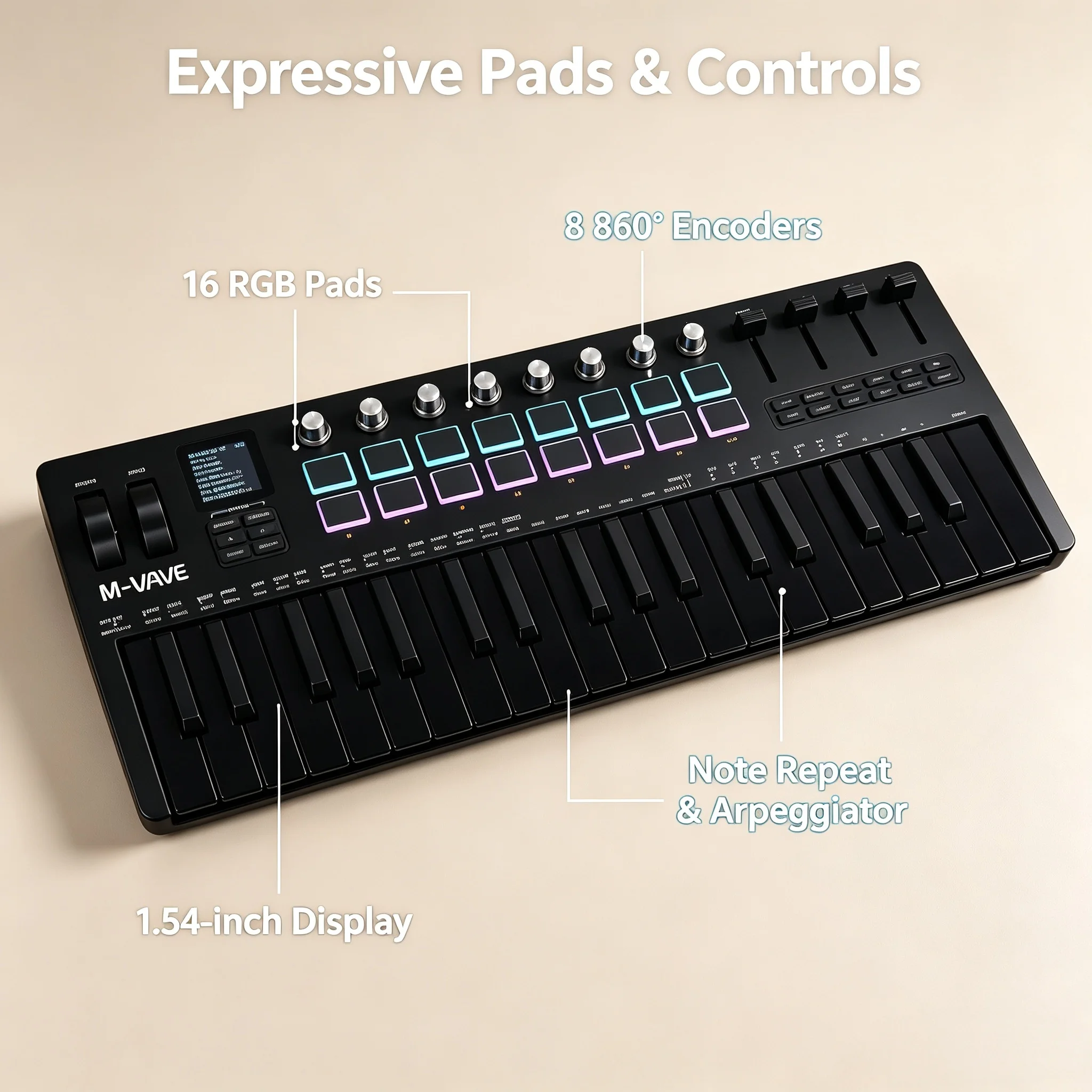 M-VAVE SMK-37 PRO Portable MIDI Keyboard 37 Keys with 16 RGB Pads 8 Knobs 4 Faders DX-7 Synth USB