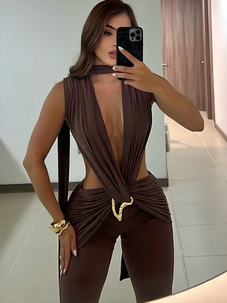 Metal Trim Jumpsuit Women Ruched Sexy Waistless Cross Hollow Bandage Coquette Midnight Workout Hipster Stretch Overalls