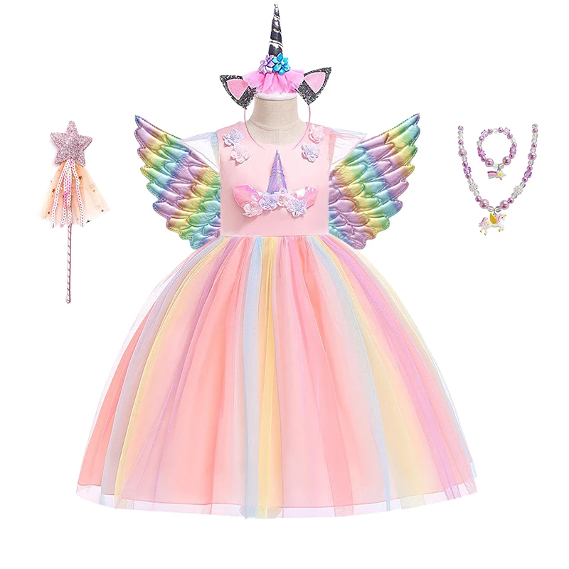 Girls Pink Unicorn Dress Rainbow Princess Costume For Girls Fancy Birthday Party Dress Halloween Perform Costume 3-10Years