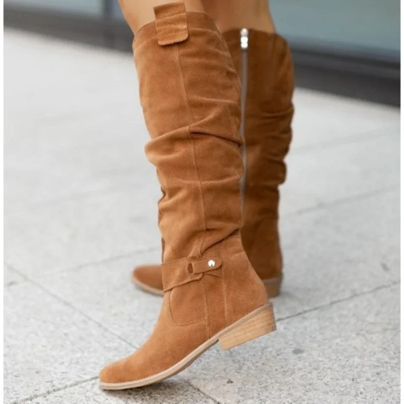 

Pop Women New Side Zipper Heel Boots Fashion Suede Comfortable Shoe Casual High Top Trendy Boot Light Versatile Ladies Shoes