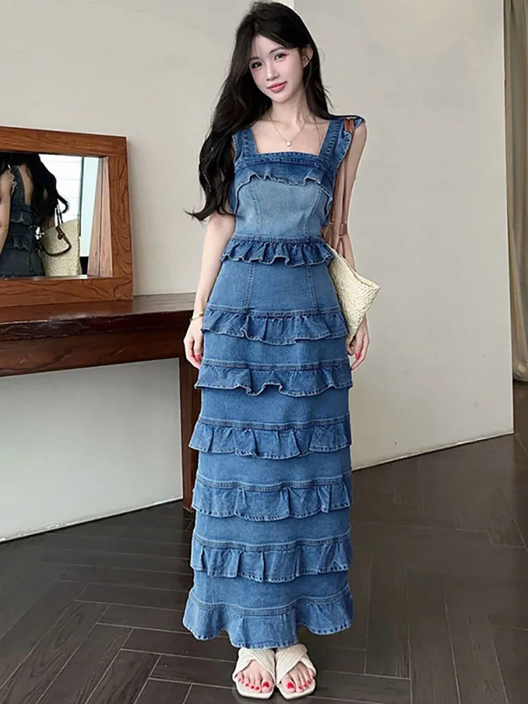 

2026 Blue Denim Chic Rufflled Luxury Long Dress Summer Elegant Sqaure Collar Sling Dress Women Korean Vintage Bodycon Prom Dress