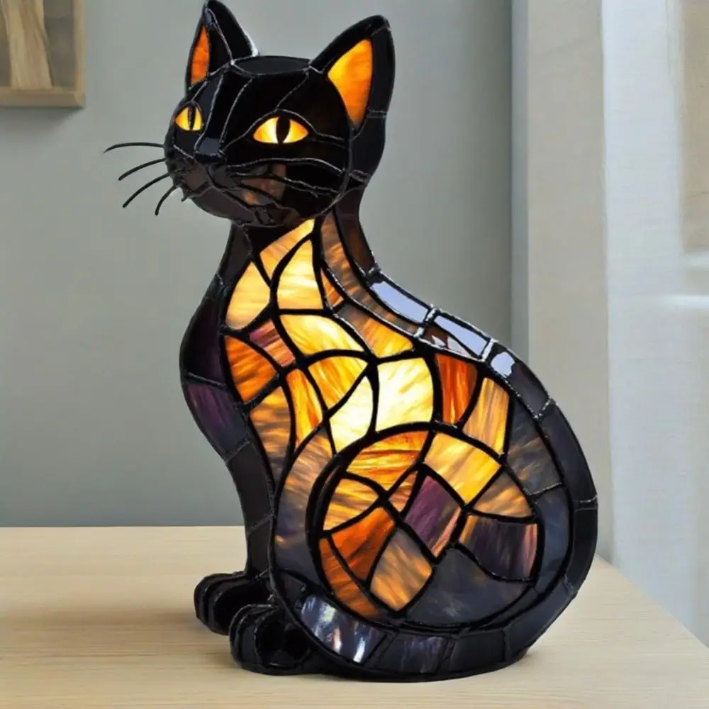 

New Durable Stained Glass Cat Lamp Cats Stained Resin 3D Cute Tabletop Retro High Quality Pet Led Table Light Home Bedroom