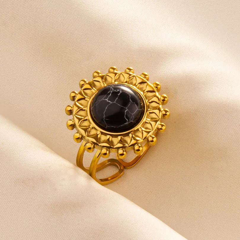 Anello aperto artistico placcato oro Boemia pietra nera turchese Anello minimalista in acciaio inossidabile Anelli regalo di gioielli per donna