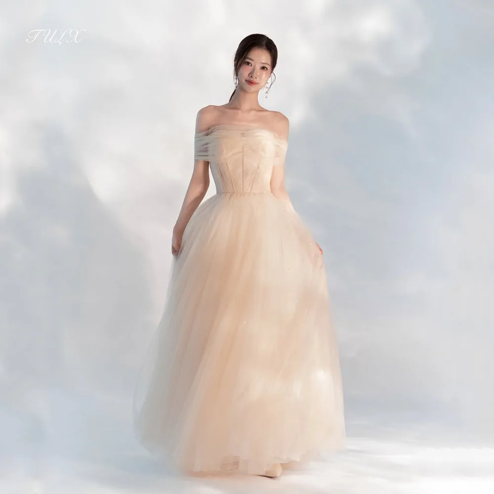 

TULX Fairy Tulle A line Long Evening Dress Korea Wedding Photo Shoot Sweetheart Detachable Shawl Party Dress Corset Customized