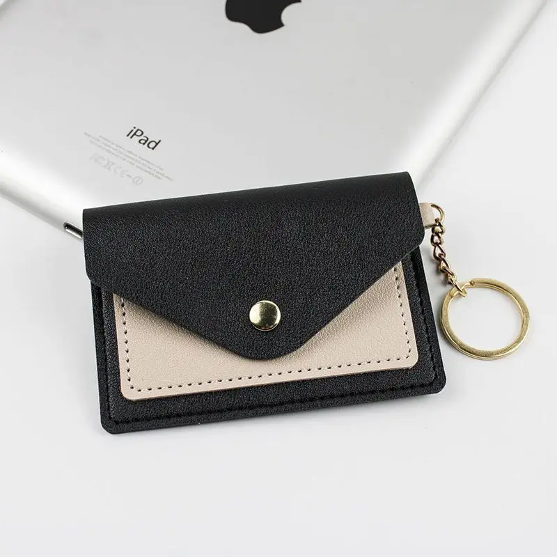 Women's Black and White Color-Block Card Holder with Integrated Keyring, Compact Portable Multi-Slot ID Card Case