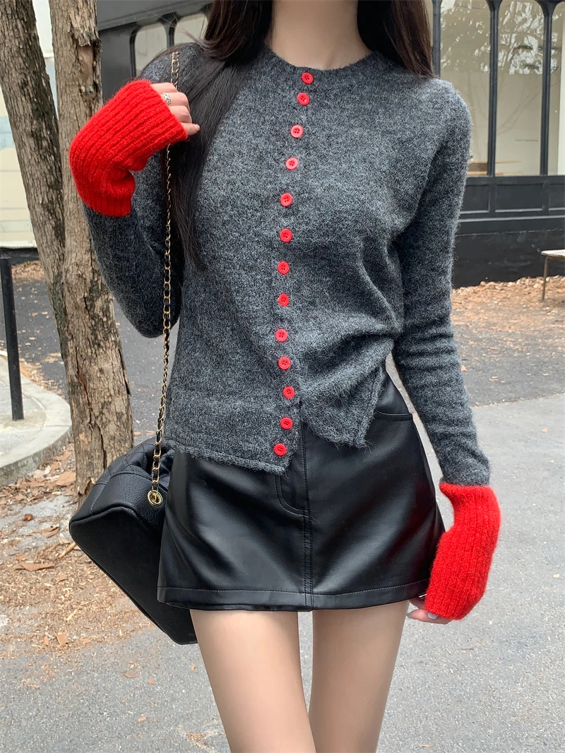 

Women Knitted Sweater Autumn Winter Contrast Trim Soft Cardigan Round Neck Long Sleeve Lazy Style Top