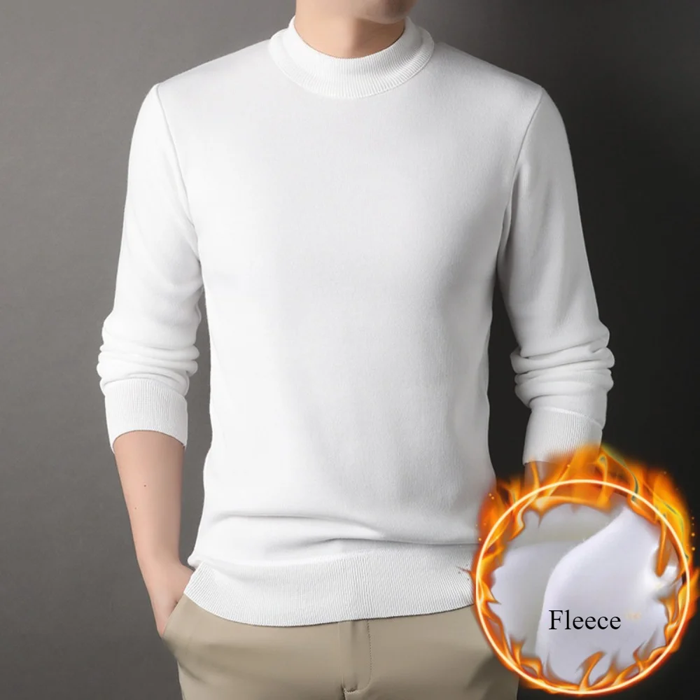 

Men's Knitted Pullover Bottoming Shirt Autumn Winter Fleece Solid Color Slim Pullovers Warm Sweaters Men Clothing