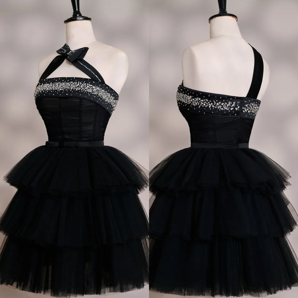 

Customized Modern Style Sparkle Tulle Rhinestone Tiered A-line One-shoulder Knee Length Dresses Bespoke Occasion Dresses Classic