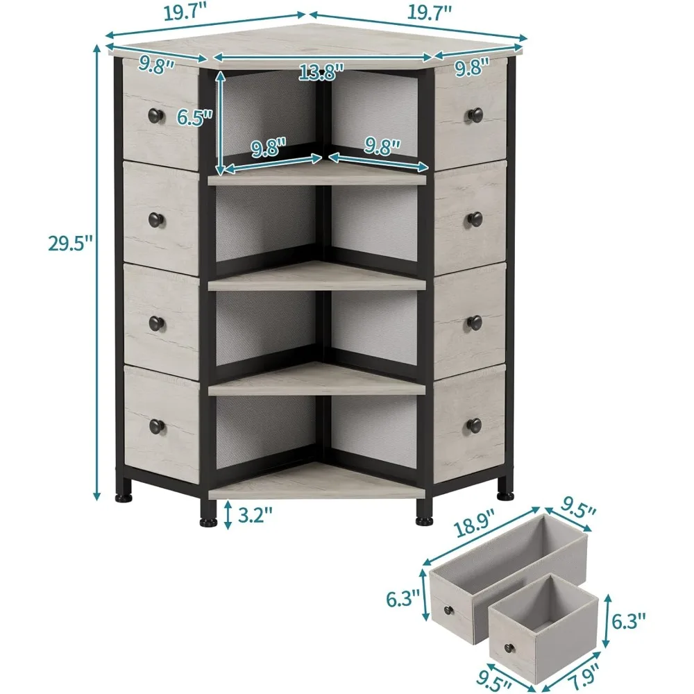 8 Drawers Corner Dresser with Storage Fabric Drawers and Open Shelves for Small Space，Bedroom，Entryway