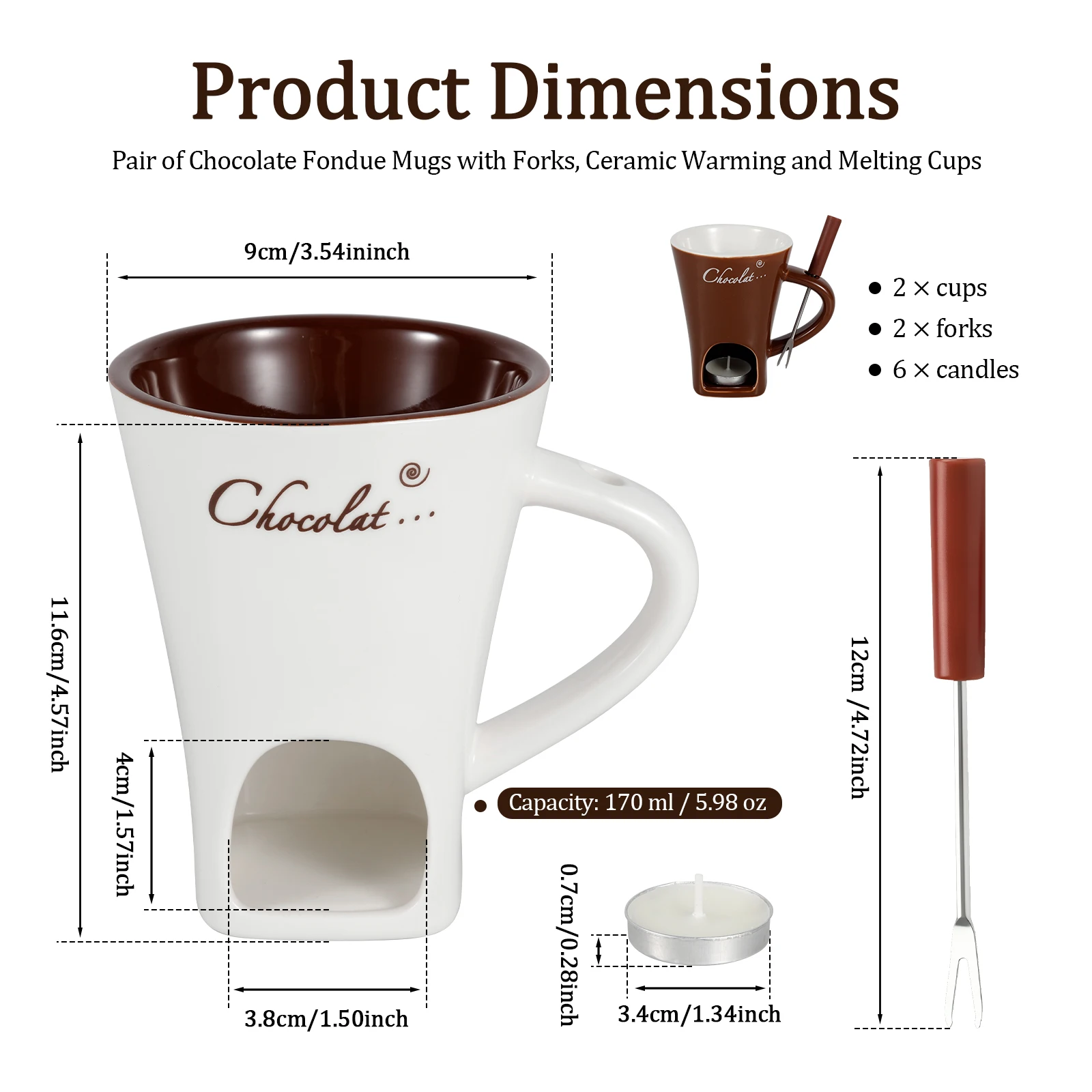 2Pcs 170 ml Chocolate Fondue Mug European Candle Cup Cheese Chocolate Melting Ceramic Mug Butter Warmer Pot with Fork & Tealight