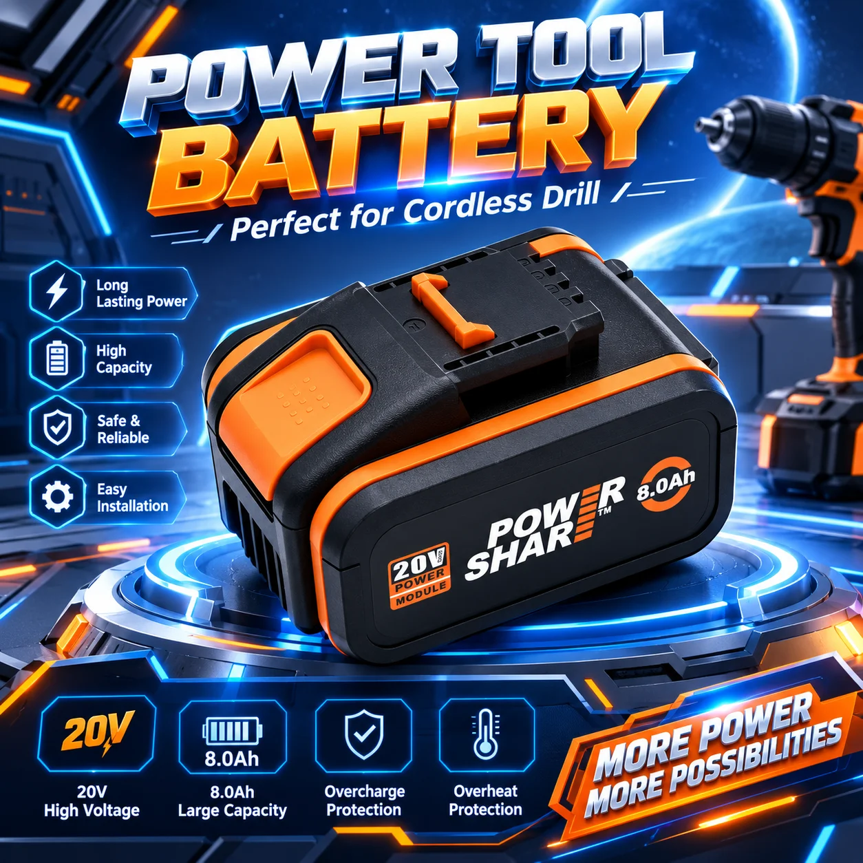 WORX PowerShare 20V 8.0Ah Lithium-Ionen-Akku, Ersatzakku für WORX 20V kabellose Elektrowerkzeuge, Überlade- und Überhitzungsschutz