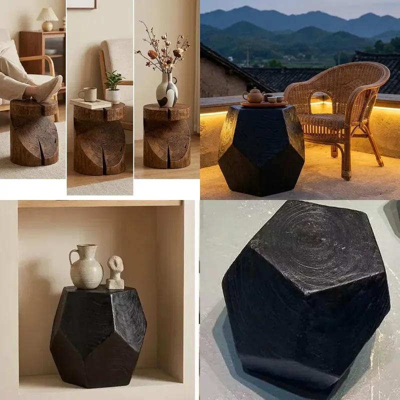 Natural Solid Wood Carved Log Stool Rustic Pier Edge Design for Living Room Entryway Shoe Change Tea Table Decor