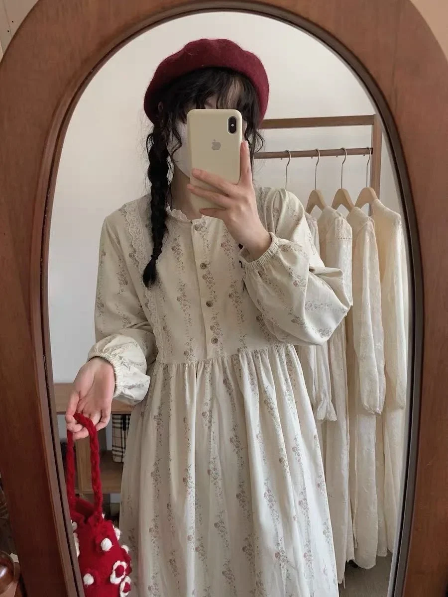 Floral Dresses Women Streetwear All-match Corduroy Fashion Chic Casual Loose Fit Ins Cozy Long Sleeve Vestidos Spring Japanese