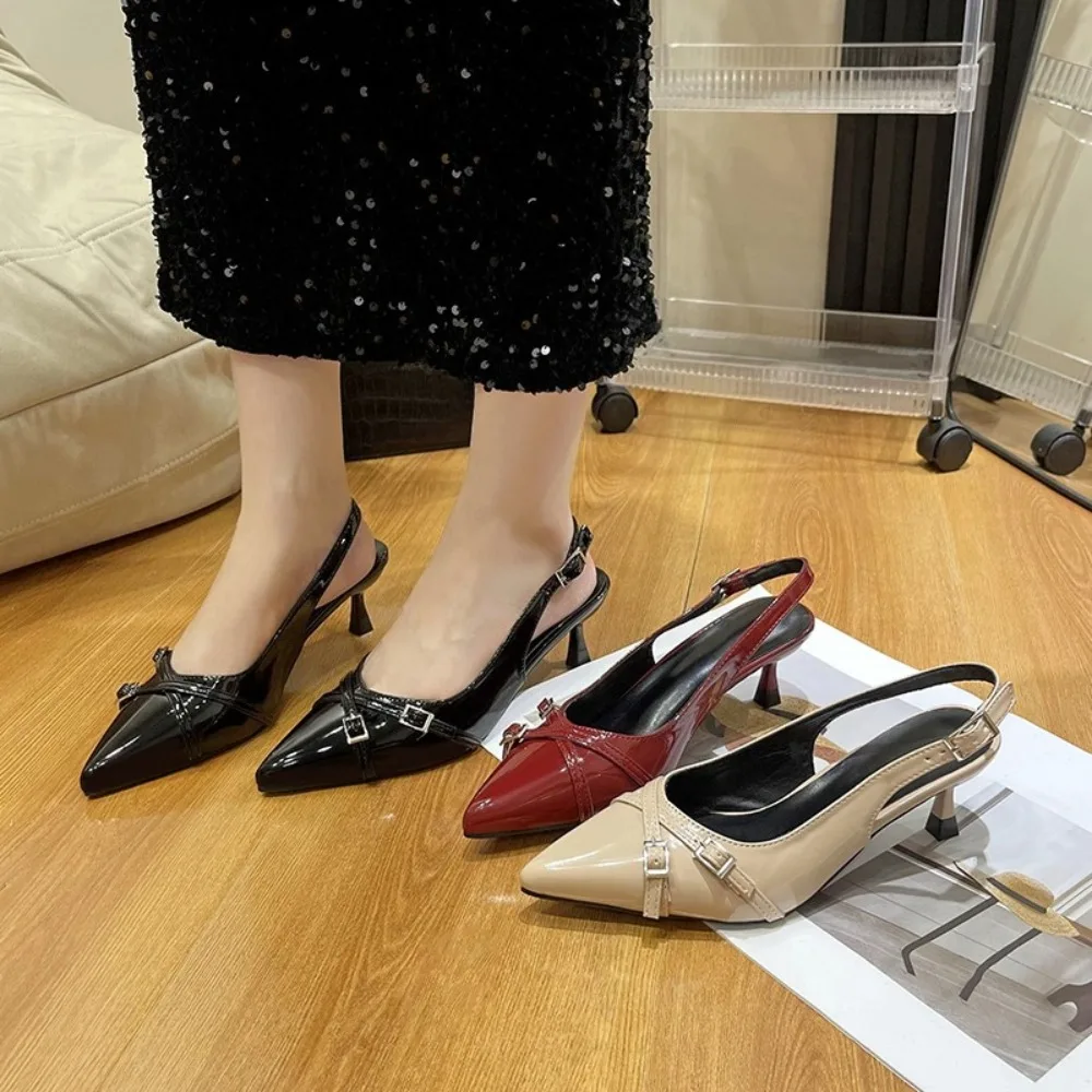 Modische Spitze Pumps mit Flachem Ausschnitt Neue Hochhackige Schuhe Sommer Elegante Stiletto-Schuhe mit Schnallendekoration Schwarze Damenschuhe – Detail 10